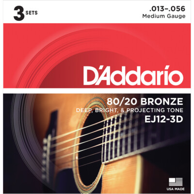 3 Pack D'Addario EJ12-3D 80 20 Bronze Medium Guitar Strings 13-56