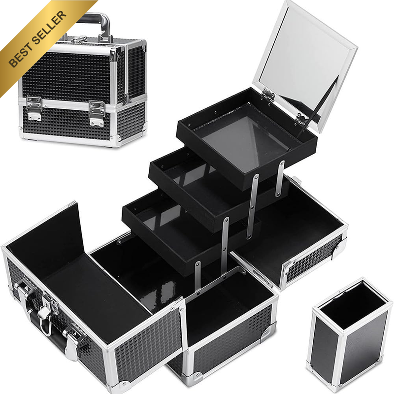 3-Tray Makeup Case with Handle, Multi Compartments Beauty Box with Detachable Br