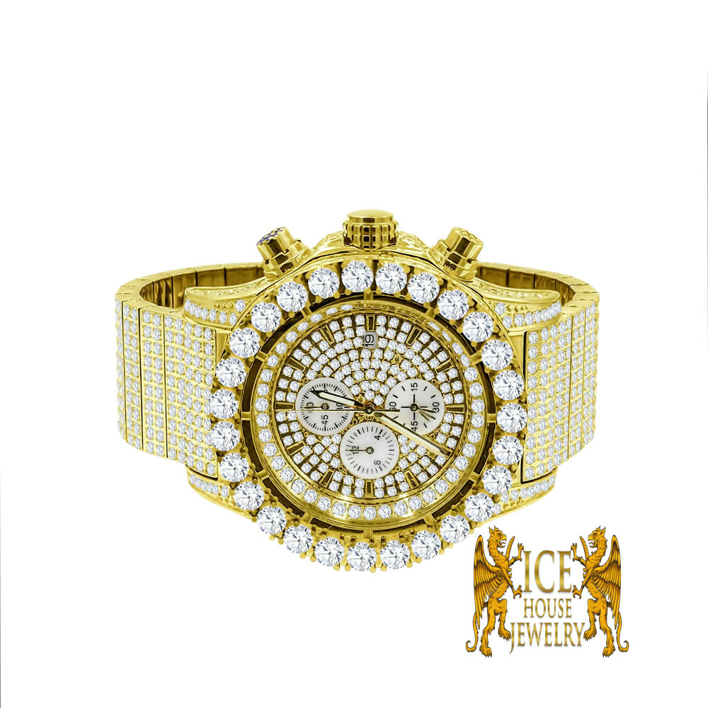 Pre-owned Blingmaster Mens Stainless Steel Gold Tone Jojino Joe Rodeo Lab Simulated Diamond Watch 48mm