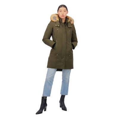 Pre-owned Moose Knuckles Goldfarbener Parka Fur Damen Mit Blauer Fuchsfellkrause In Army In Grün