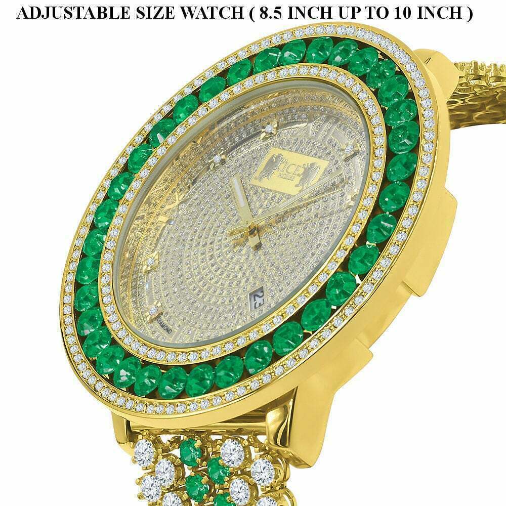 Pre-owned Ice House Men's Custom Big Face Xxl Multi Cz Green & White Remove Able Bezel Wrist Watch
