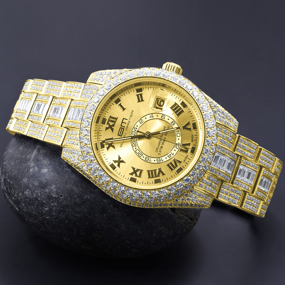 Pre-owned Bling Master - Knight Stainless Steel Men's 18k Yellow Gold Finish Simulated Diamond Watch W/date 42mm