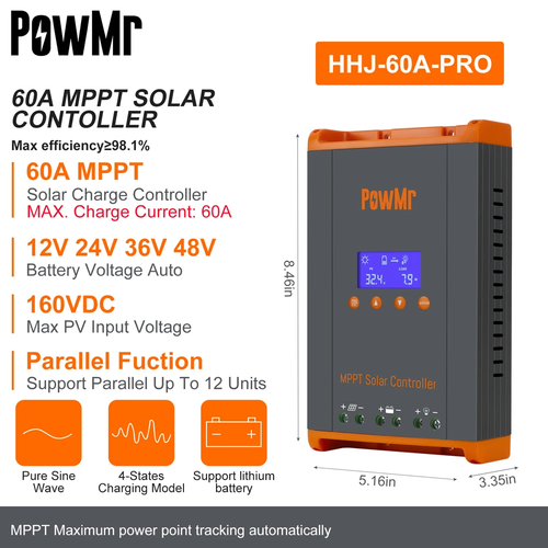 60A MPPT Solar Charge Controller 12V 24V 36V 48V Battery 160VDC Parallel 12 Unit