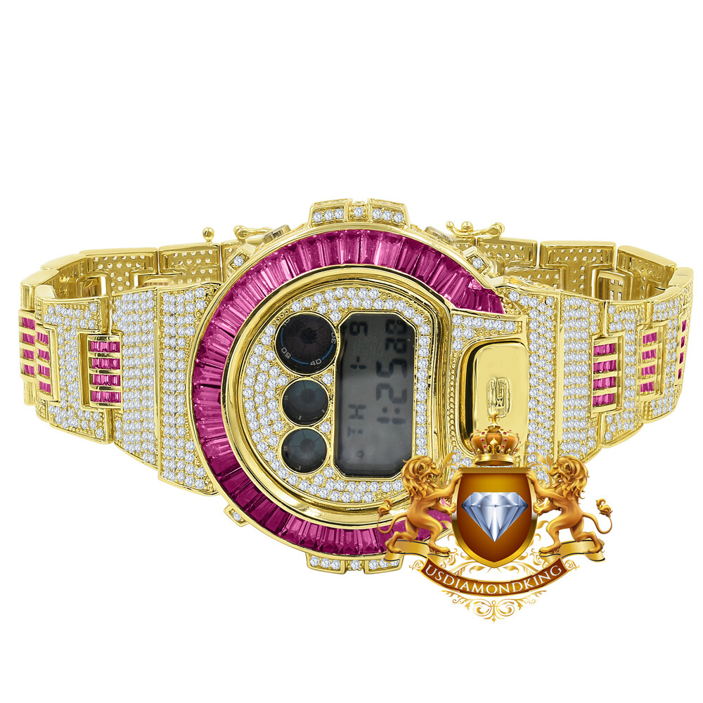 Pre-owned Usdiamondking Baguette Pink Tourmaline Gold Tone Casio Shock Authentic Dw-6900 Custom Watch