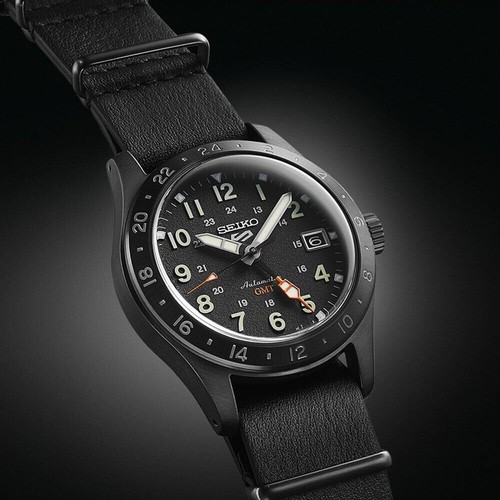 Pre-owned Seiko 5 Sports Automatic Gmt Black Dial Leather Strap Watch Ssk025