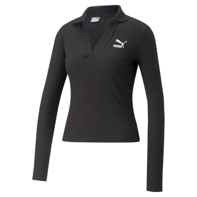 

Puma Classics Ребристая футболка с длинным рукавом VCollar Женские черные повседневные топы 538055, Черный