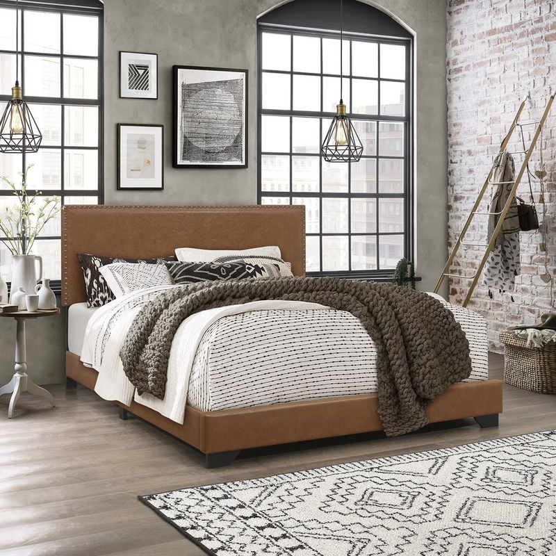 With Wood Slats Saddle Brown Faux Leather New