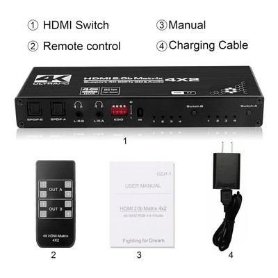 4K HDMI Matrix 4X2 Switcher Splitter With Toslink Spdif Audio Out L+R Stereo 3D