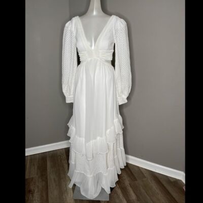 Pre-owned Patbo Cutout Tiered Crochet-knit And Satin-jersey Maxi Dress In White