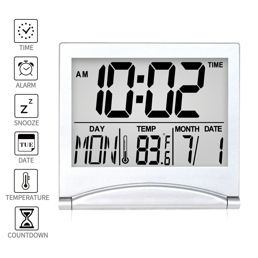 - Foldable Lcd Clock Compact Desk Clock Silver