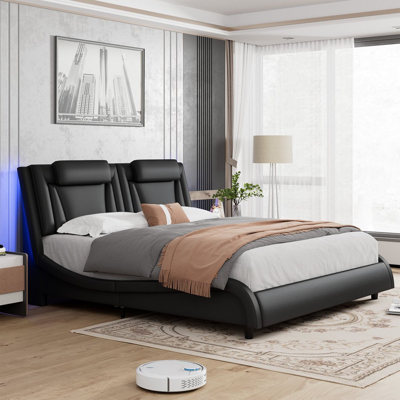 Platform Bed Frame With LED Light Curved PU Leather Upholstered Headboard Pillow