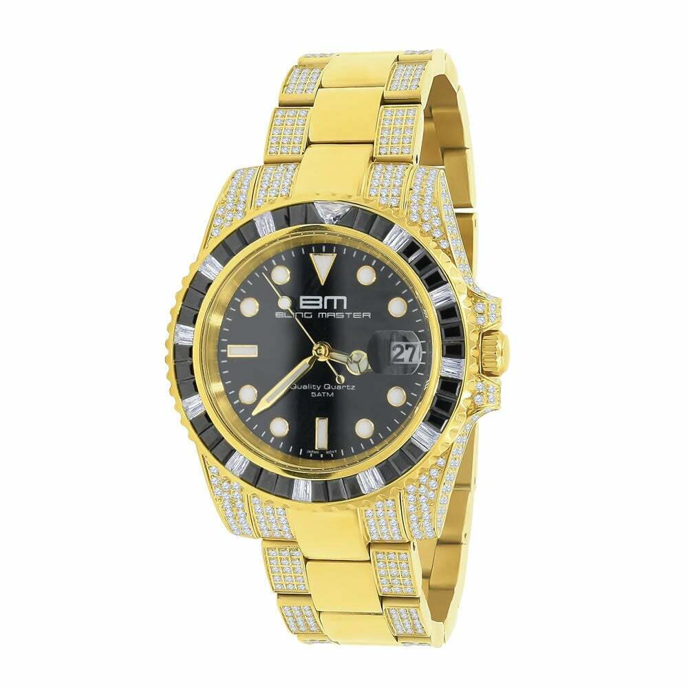 Pre-owned Bling Master Solid Stainless Steel 18k Yellow Gold Simulated Diamond Mens Presidential Watch