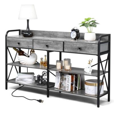3 Tier Console Table with Power Outlets Sofa Table Entryway Table with 3 Drawers