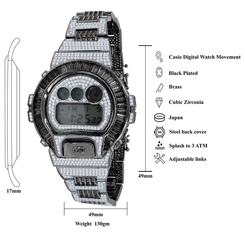 Pre-owned Usdiamondking Baguette 2 Tone Black Gold Casio Digital Shock Authentic Dw-6900 Custom Watch