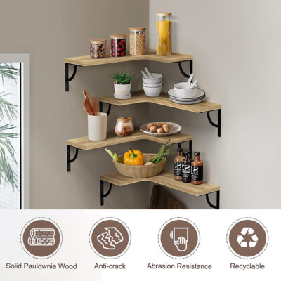 Corner Floating Shelves Wall Mounted Set of 4 Wood Storage Shelves for Bedroom