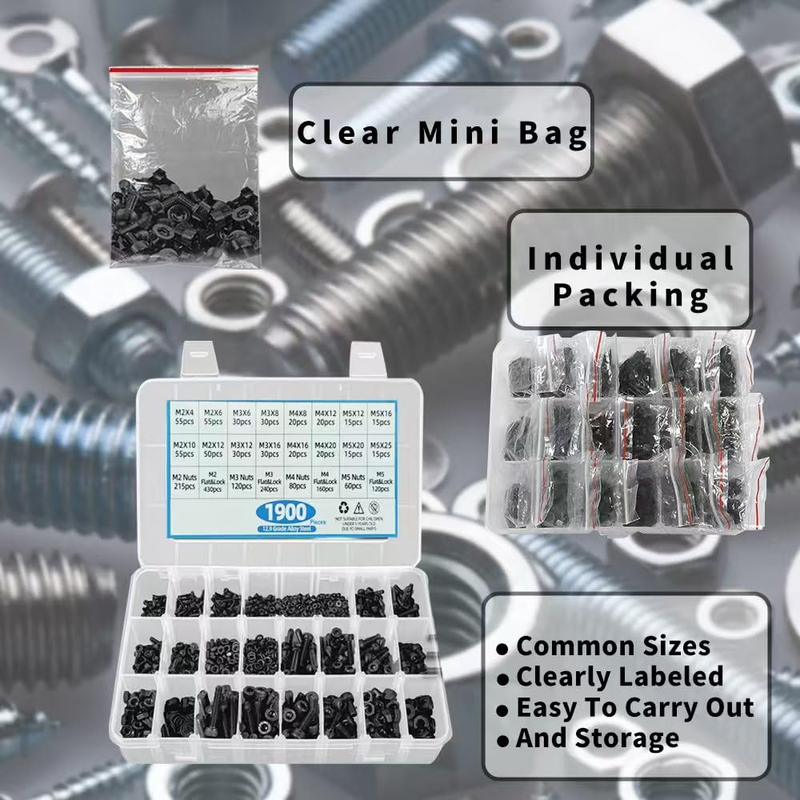 1900PCS M2 M3 M4 M5 Metric Screw Combination, Hex Nut Metric Bolt and Nut Combin