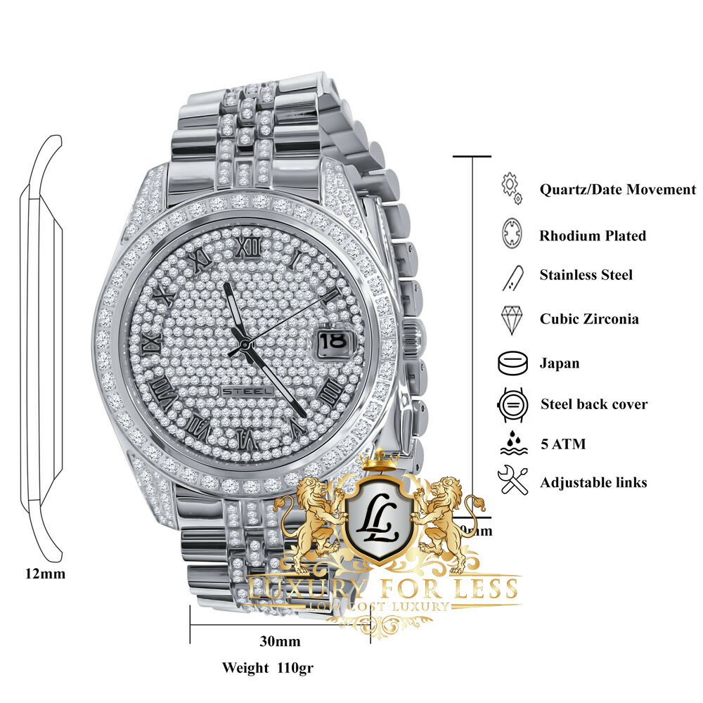 Pre-owned Bling Master Men's Full Steel 18k White Gold Finish Simulated Diamond Presidential Watch 40mm