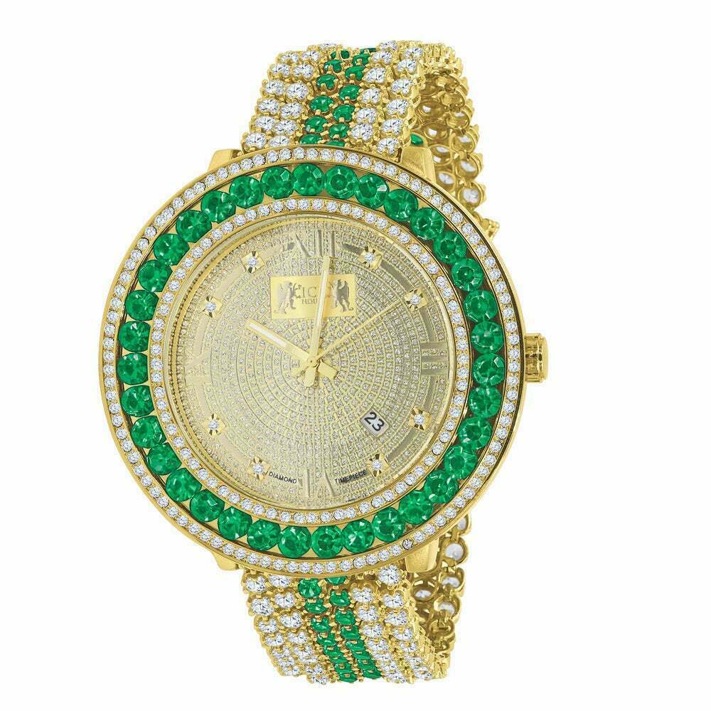 Pre-owned Ice House Men's Custom Big Face Xxl Multi Cz Green & White Remove Able Bezel Wrist Watch