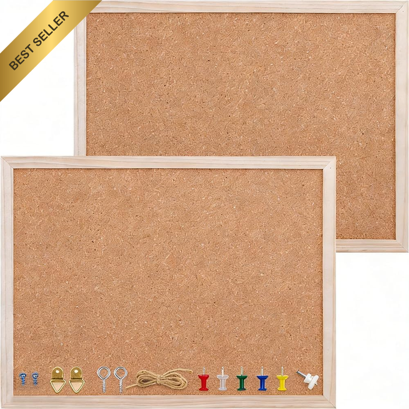 Pack of 2 Cork Board, Wall-Mounted Square Bulletin Board with Accessories, Photo