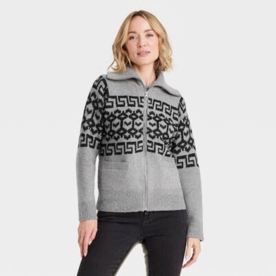 Womens Zip-Up Cardigan - Universal Thread Heather Gray Zig Zag M