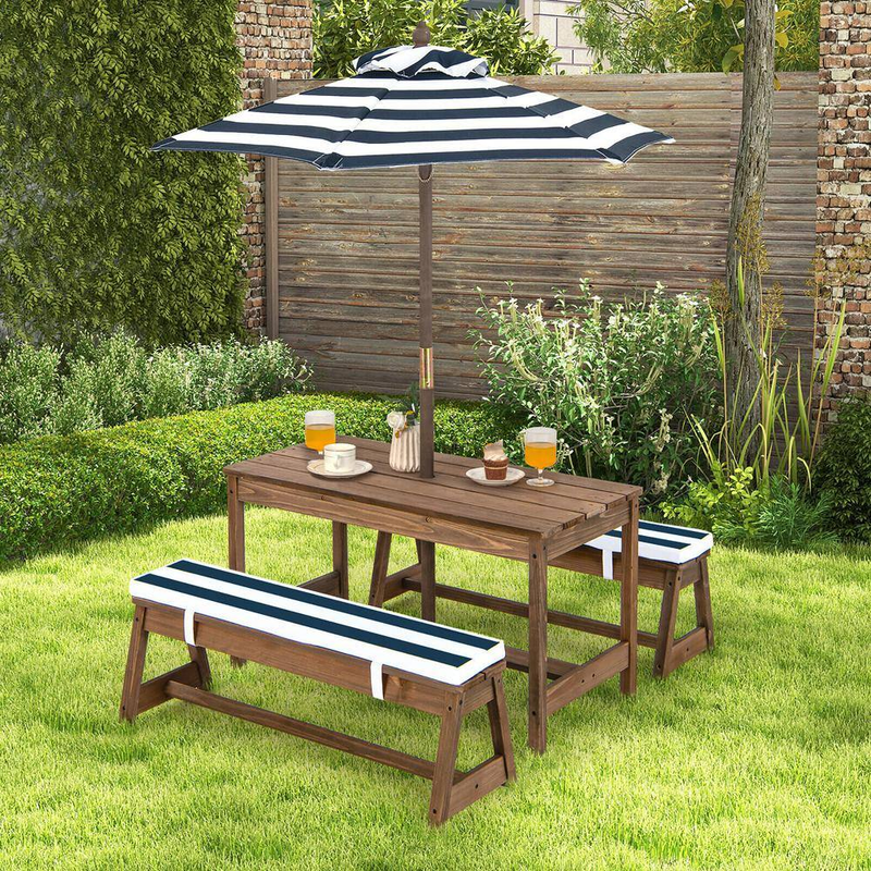 Wooden Top Blue Kids Wood Picnic Table and Bench Set W/Cushions Umbrella for Ind
