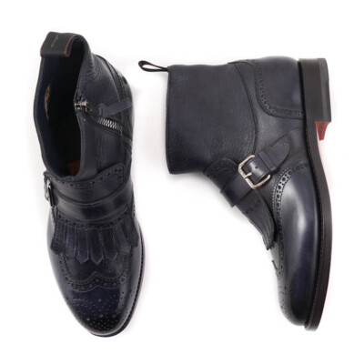 Pre-owned Santoni $1295  Goodyear Welt Navy Ankle Boots With Buckle Detail Us 6 Shoes In Blue