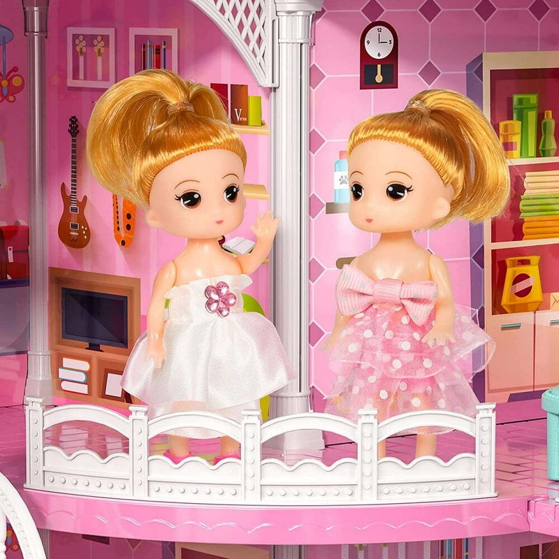Kids Doll Houses Set for Girls, Luxurious Dreamhouse Three-Story Villa Two Dolls