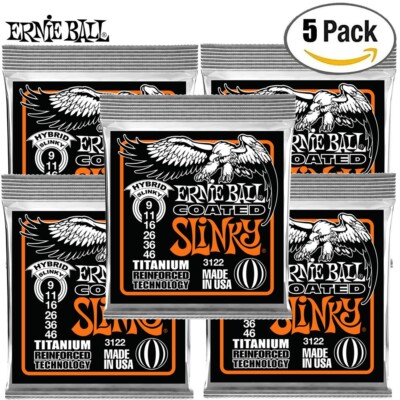 5-PACK Ernie Ball 3122 Hybrid Slinky Coated Titanium Guitar Strings 9-46
