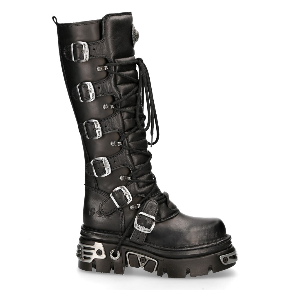 Pre-owned New Rock Rock 272-s1 Metallic Black Goth Knee High Zip Boot Leather Buckle Boots