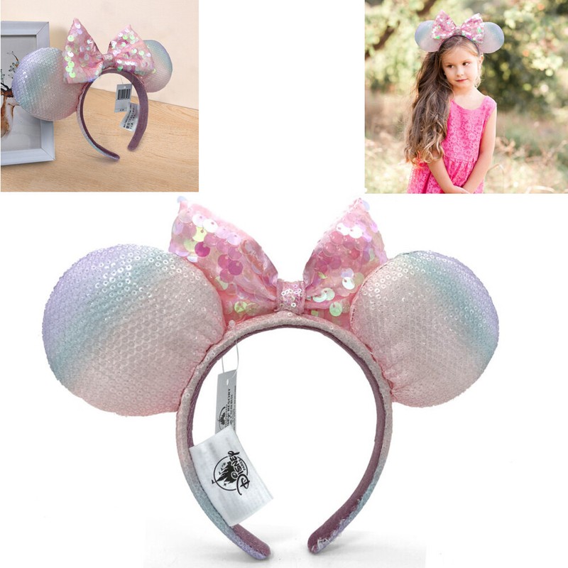 Tokyo Disney Sakura Pink Sequin Minnie Mouse Ears Headband TDR - Minnie Mouse Sparking Sequin Ribbon & Beads Ear  main image 3