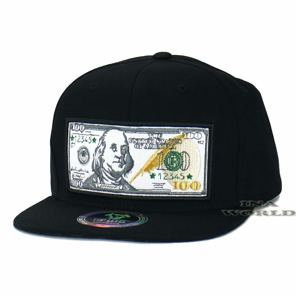 MONEY Hat $100 Bill Embroidered Cotton Snapback Flat Brim Baseball Cap- Black