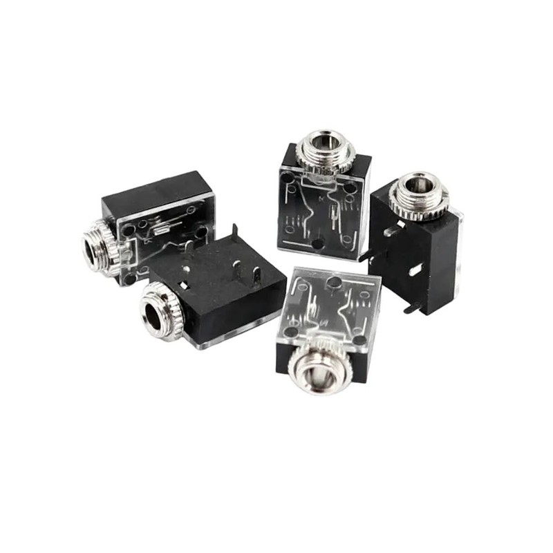 5x Klinken-Einbaubuchse 3,5mm Stereo, Printmontage 90°, 2x ÖFfner-Schaltkontakte