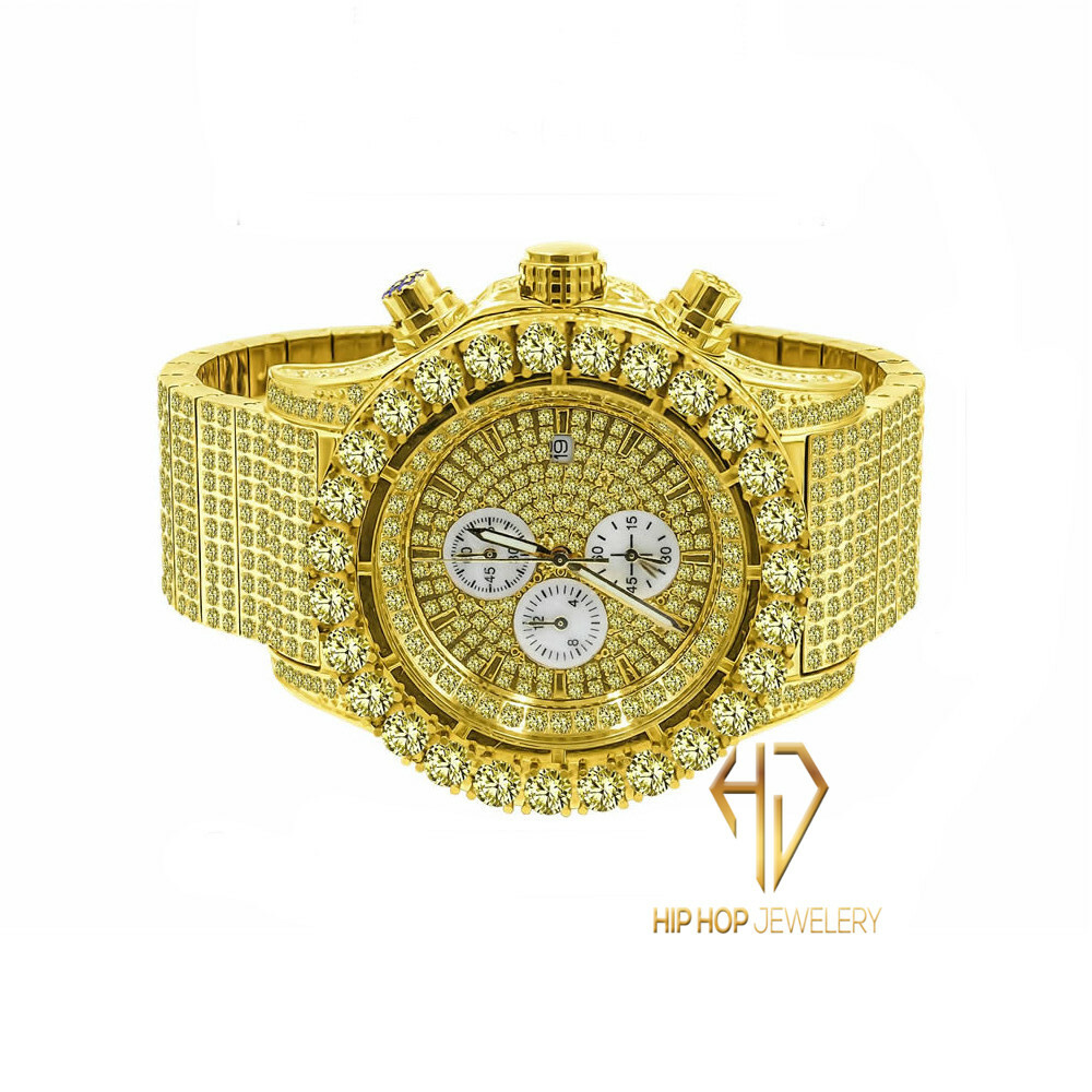 Pre-owned Blingmaster Men's Solid Stainless Steel Canary Gold Tone Finish Simulated Diamond Watch 48mm