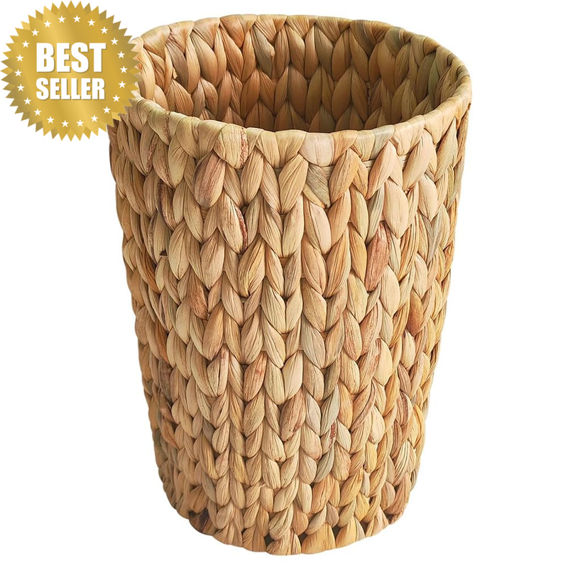 Wicker Trash Can, Water Hyacinth Grass Woven Storage Basket, Small Bathroom Tras