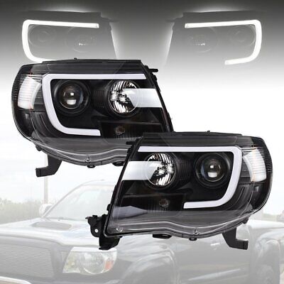 Black Clear LED Tube Projector Headlights Headlamps For 2005-2011 Toyota Tacoma