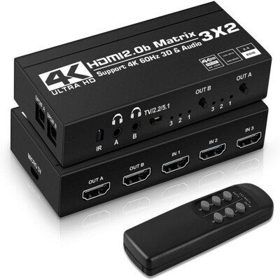 3X2 HDMI2.0 HDCP2.2 Matrix Switch Splitter 4K@60Hz 3in2 Out With Audio Extractor