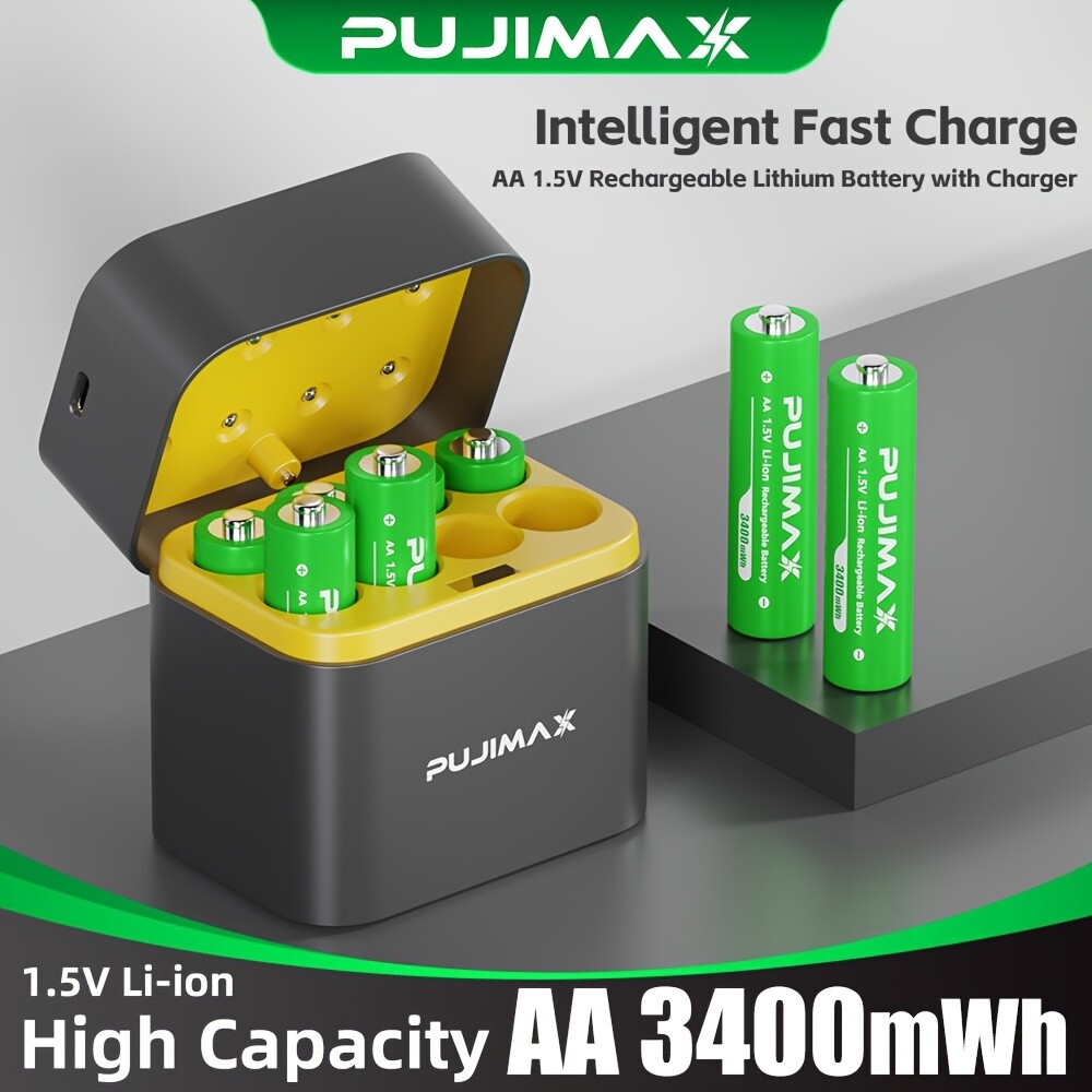 PUJIMAX 3400mWh 8PCS AA 1.5V Rechargeable Lithium Batteries with 8-Slot Charger