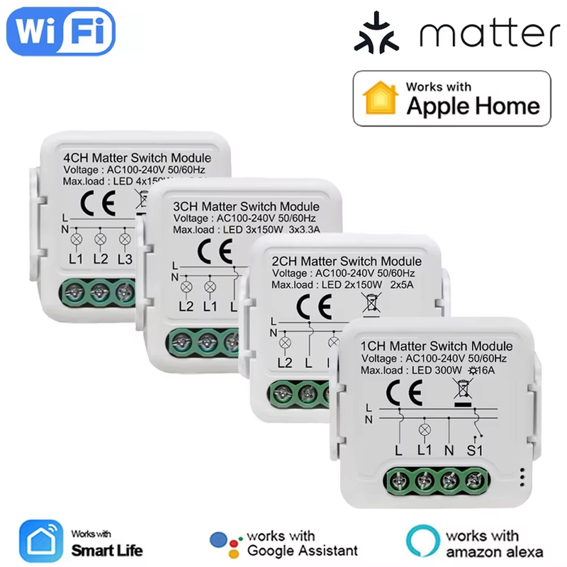 1/4 Gang Matter WIFI Smart Switch Module Automation Relay Smart Breaker Voice Co