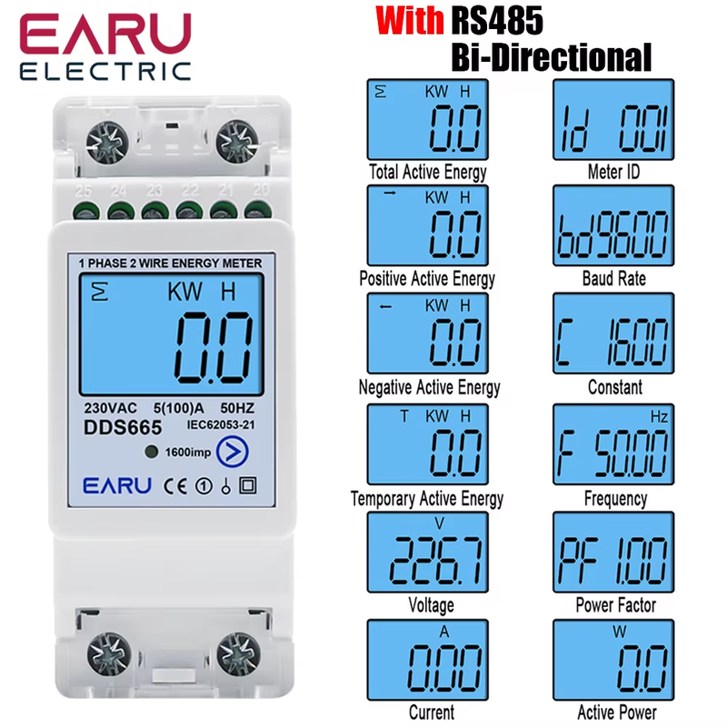 Multifunction 230V 100A Bi-Directional Energy Meter Reset Zero Kwh Solar PV Powe