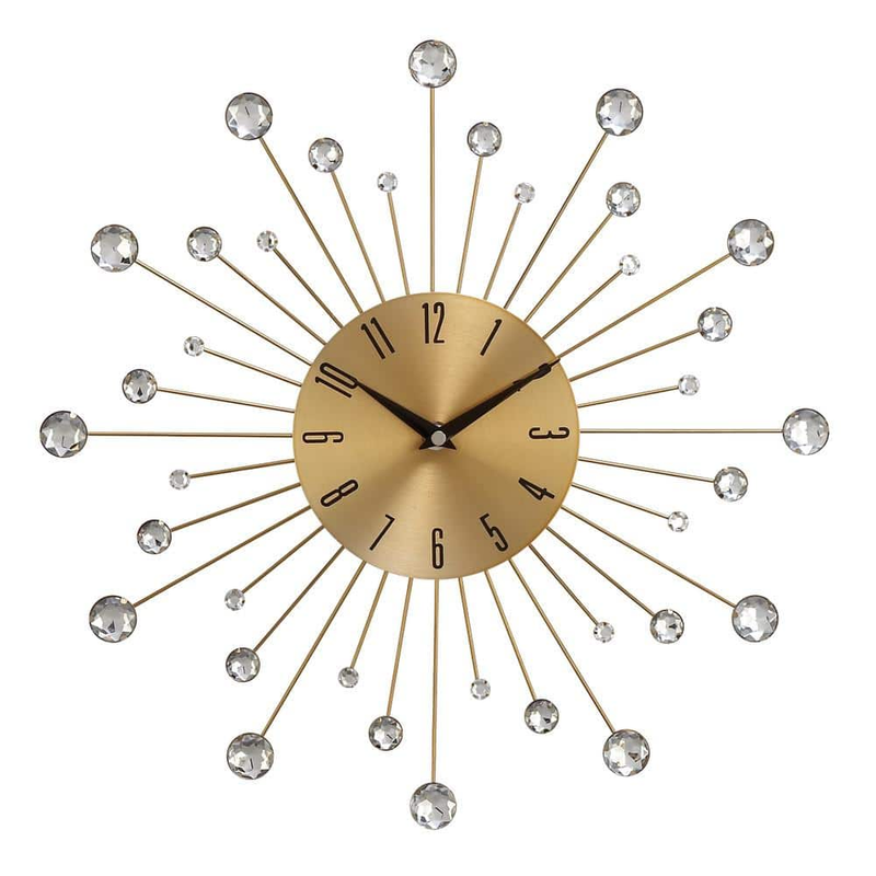 Gold Iron Round Sunburst Design Wall Clock Clear Acrylic Bead Retro Vintage