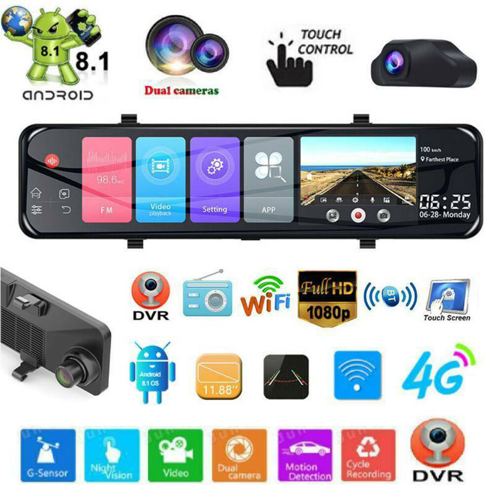 1080P HD 12" Android 8.1 WIFI 4G Dual Lens GPS Rearview Mirror Dashcam