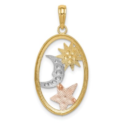 Pre-owned Superdealsforeverything Real 14kt Two-tone W/white Rhodium Sun; Moon And Star Oval Pendant