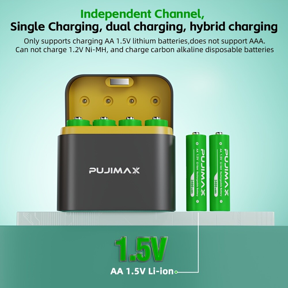 PUJIMAX 3400mWh 8PCS AA 1.5V Rechargeable Lithium Batteries with 8-Slot Charger