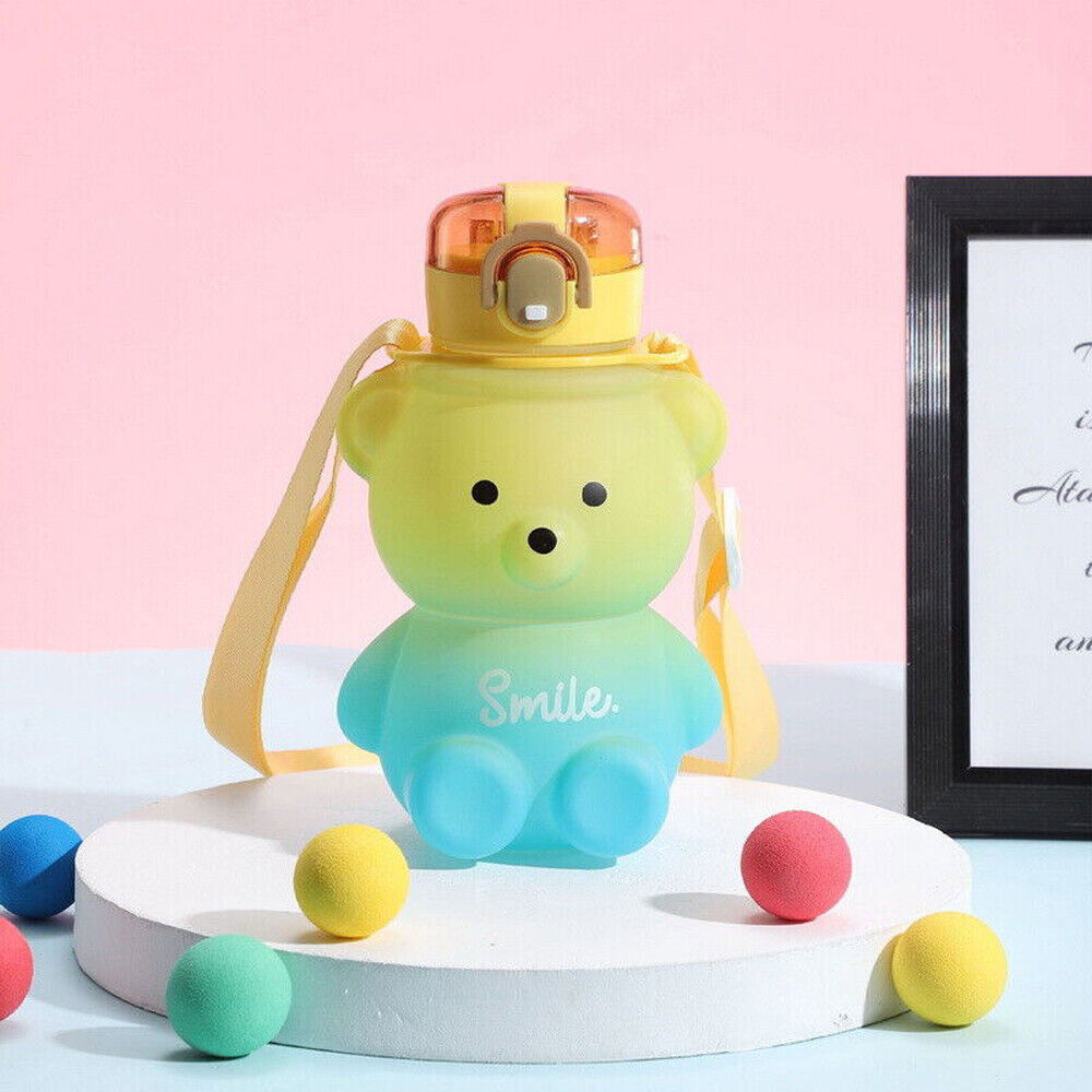 Cute Shoulder Strap Gradient Bear Water Bottle BPA Free with Straw For Kid 800ML