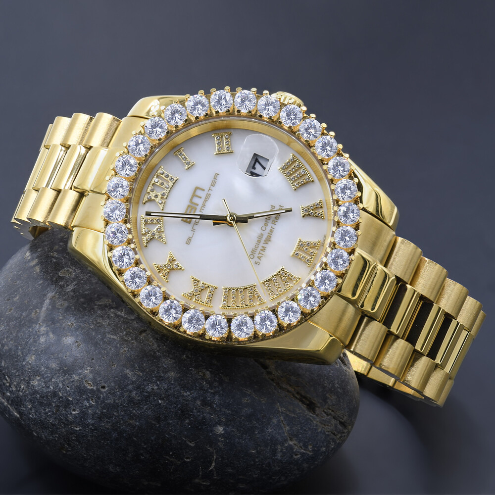 Pre-owned Bling Master Full Steel Gold Tone White Pearl Dial Simulated Diamond Presidential Watch 42mm
