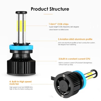 6-sides H11 LED Headlight Low Beam Bulbs Bright White 6500K 2500000LM High Power