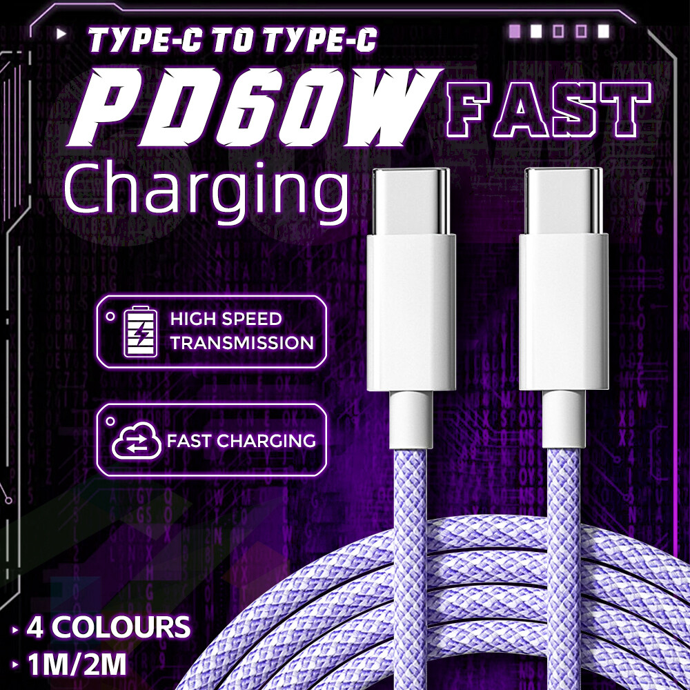 Premium Ultra Fast Nylon Braided PD60W Cable Lead Cord Type C Charging Data Sync