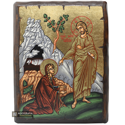 Touch Me Not (Saint Mary Magdalene) Christian Orthodox Icon on Wood with Aged Go