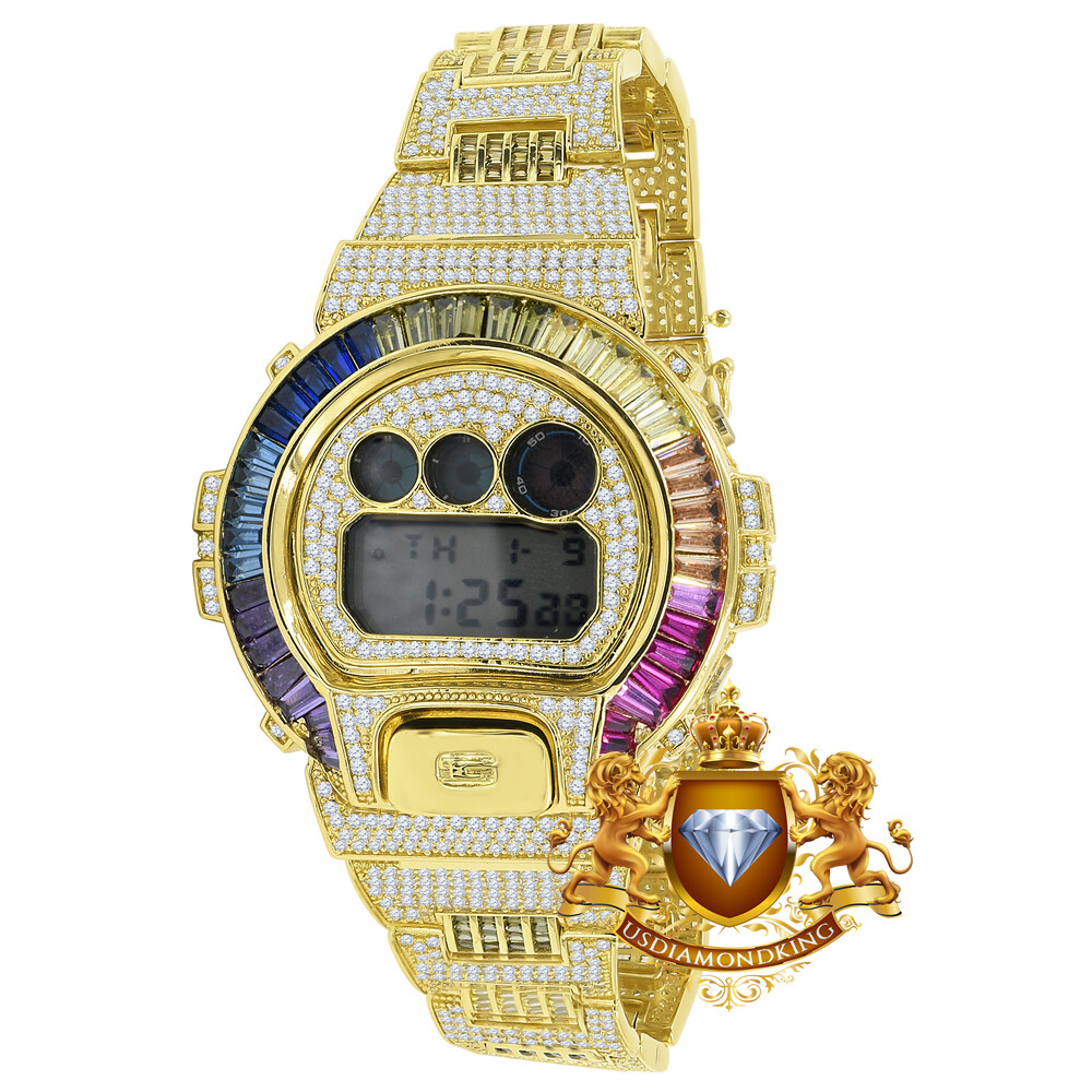 Pre-owned Usdiamondking Baguette Rainbow Multi Gold Finish Casio Shock Authentic Dw-6900 Custom Watch