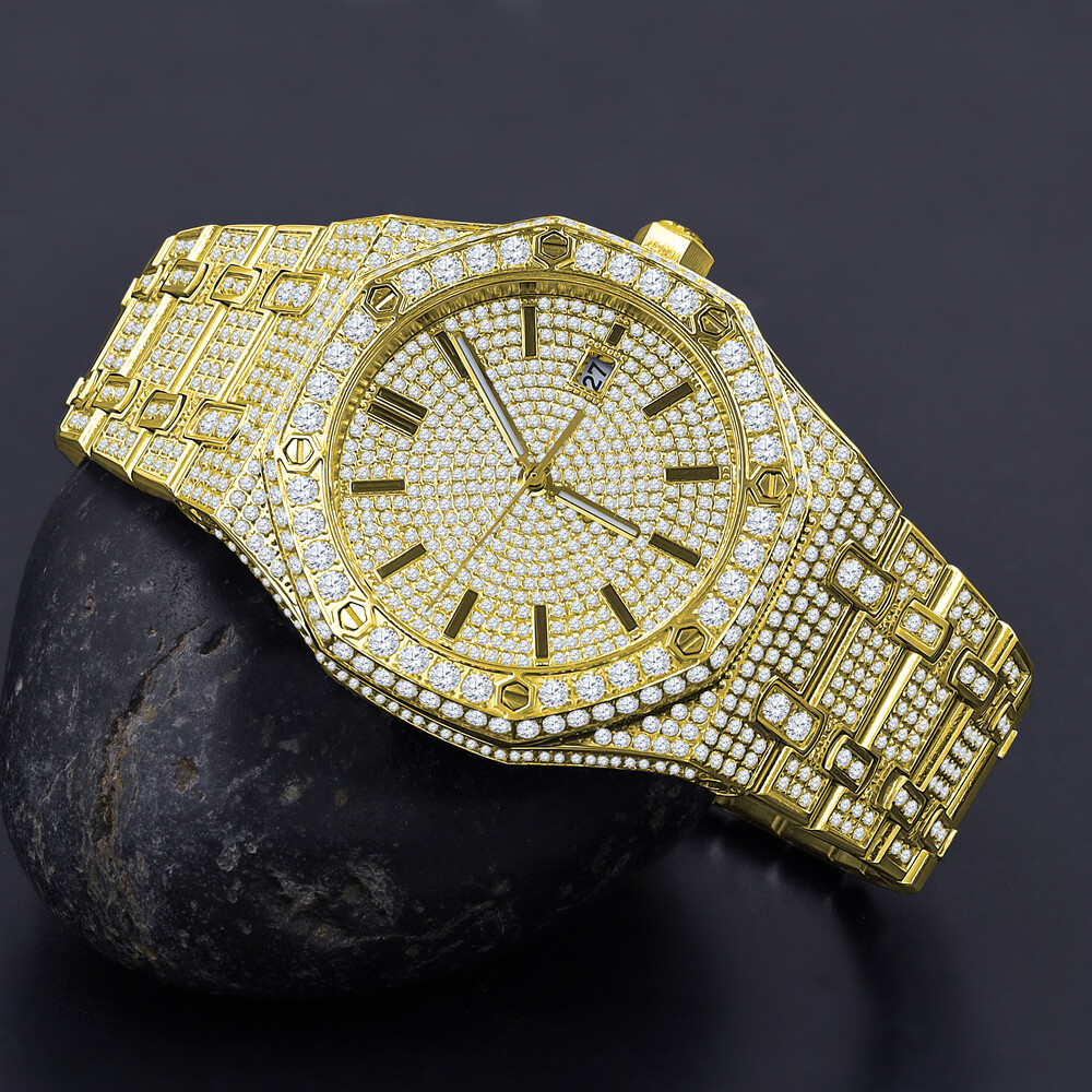 Pre-owned Bling Master Men's Full Steel Baguette Yellow Gold Tone Finish Simulated Diamond 42 Mm Watch